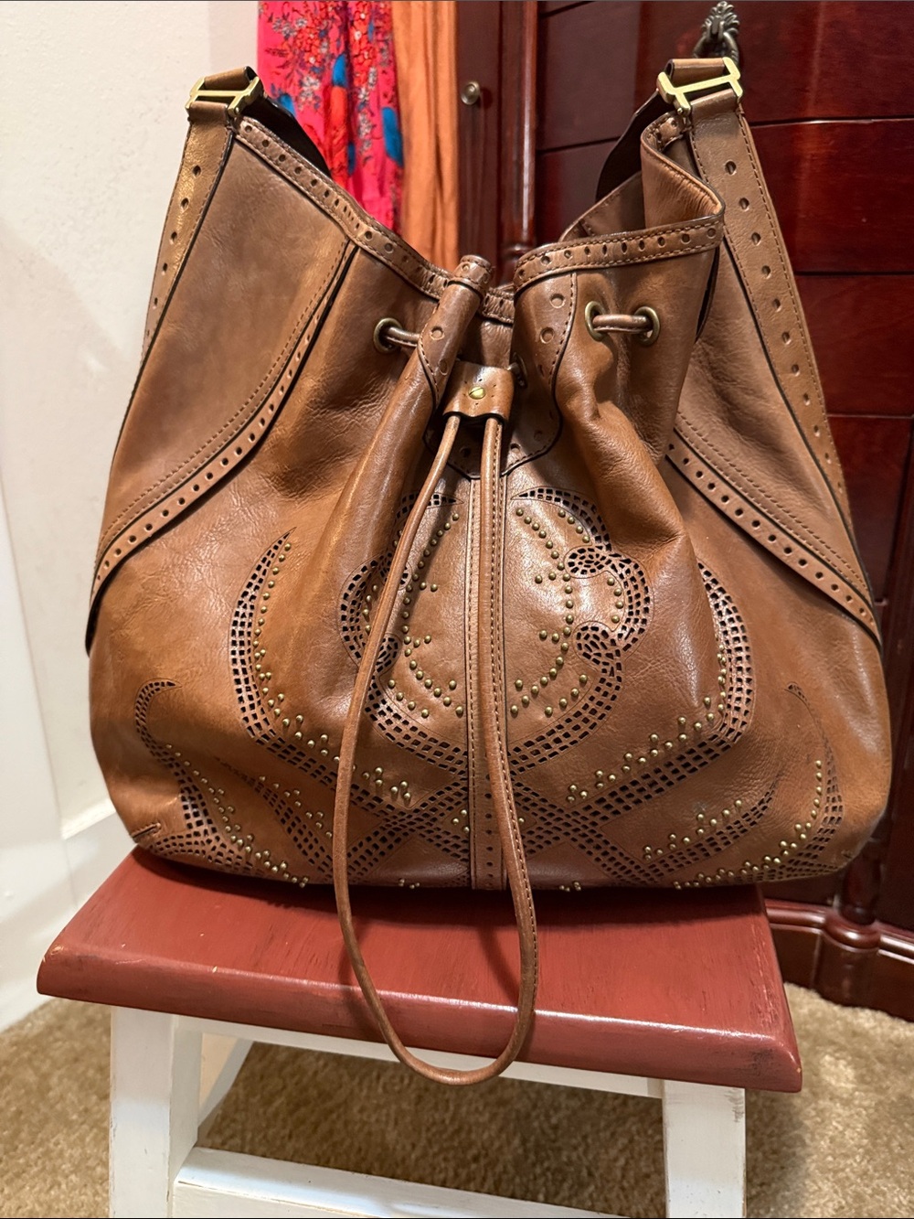 Cole Haan Brown Leather Drawstring Hobo Bag Studded Detailing